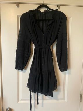 Banana Republic Black Long-Sleeve Button-Front Tiered Dress with Waist Tie